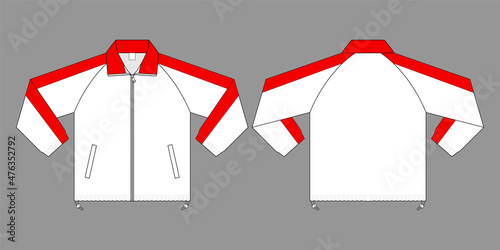 White-Red Raglan Sleeve Jacket Design on Gray Background. Front and Back Views, Vector File.