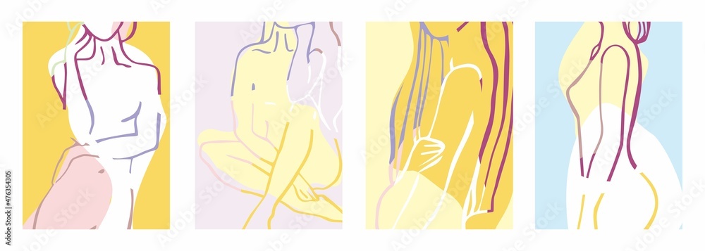 Set of decorative posters with female bodies in line style on a colored background. Collection of backgrounds with abstract shapes for covers of notebooks, cards. Femininity. Vector illustration