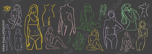 Set of decorative color female bodies in doodle style isolated on black. Collection of abstract fashion girls for posters  invitations  social media  cards  printing. Femininity. Vector illustration 