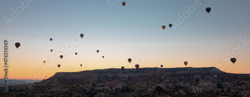 Hot air balloons. Hot air balloons in Cappadocia banner photo.