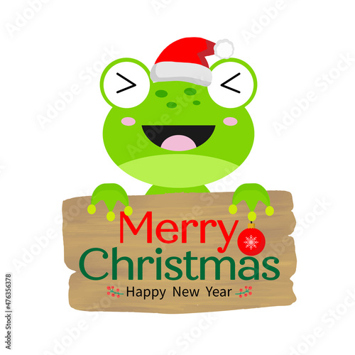 Merry Christmas card with Cute frog wearing Santa Claus hat.
