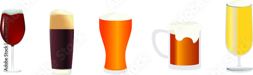 Vector illustration set of beer. Glasses and bottles with a drink in a cartoon style isolated on a white background.  Bar elements