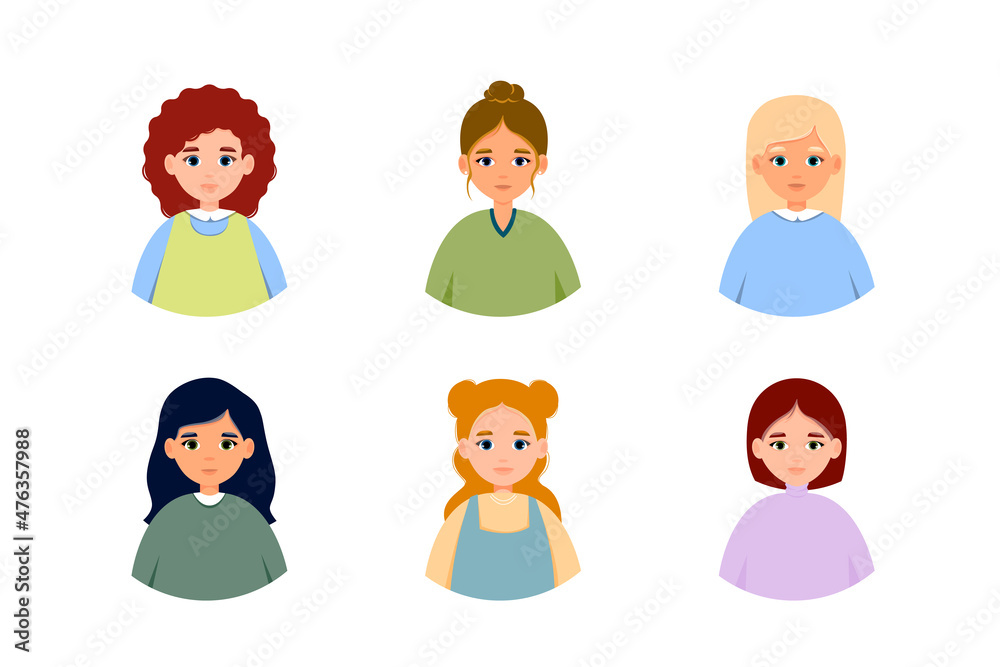 Set of Portraits of Caucasian Woman. Group of Avatars of Female Person. Vector Icon of Adult in Flat Style. Headshot. Set of Portraits of Caucasian Woman. Group of Avatars of Female Person. Vector Icon of Adult in Flat Style. Headshot.