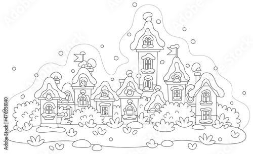 Small toy houses covered with snow on a cold and snowy winter day in a pretty town, black and white outline vector cartoon illustration for a coloring book page