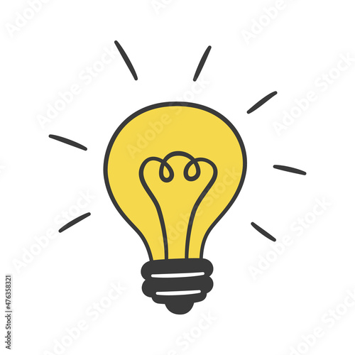 Light bulb icon in doodle style. Idea symbol. Yellow ligth bulb. Children drawing. Hand drawn vector illustration isolated on white background.