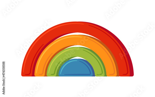 Multicolored baby rainbow toy with wooden blocks. Montessori education logic toy for early childhood development. . Children wooden toy for toddlers. Vector illustration isolated on white background.