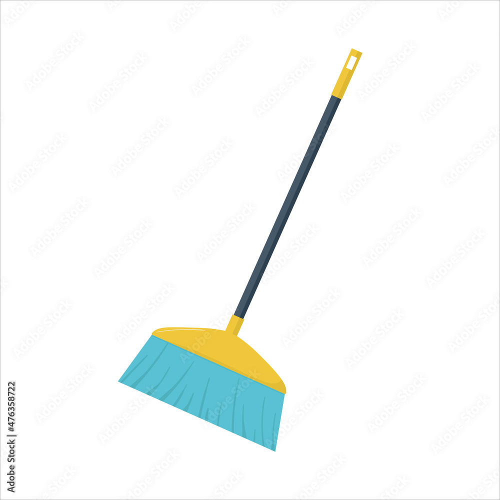 Big yellow-blue broom with long handle. Household implement from dust and dirt. Big yellow-blue broom with long handle. Household implement from dust and dirt.