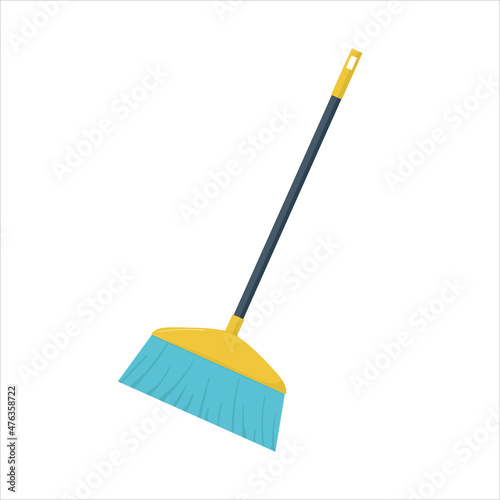 Big yellow-blue broom with long handle. Household implement from dust and dirt.