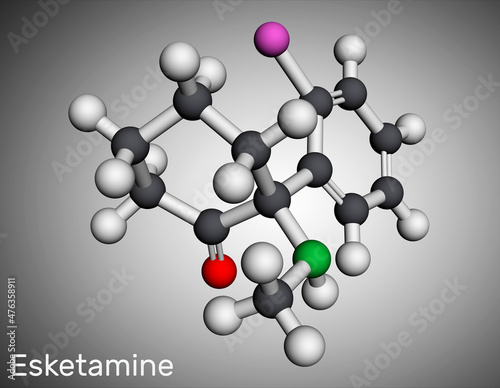 Esketamine molecule. It is the S-enantiomer of ketamine, with analgesic, anesthetic and antidepressant activities.. Molecular model. 3D rendering. photo