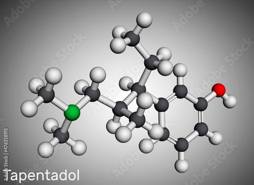 Tapentadol molecule. It is synthetic benzenoid  opioid analgesic for treatment of moderate to severe pain Molecular model. 3D rendering