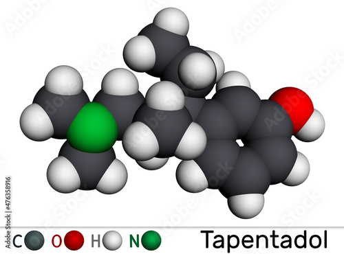 Tapentadol molecule. It is synthetic benzenoid, opioid analgesic for treatment of moderate to severe pain Molecular model. 3D rendering photo