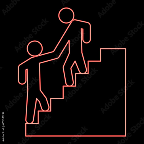 Neon man helping climb other man red color vector illustration image flat style