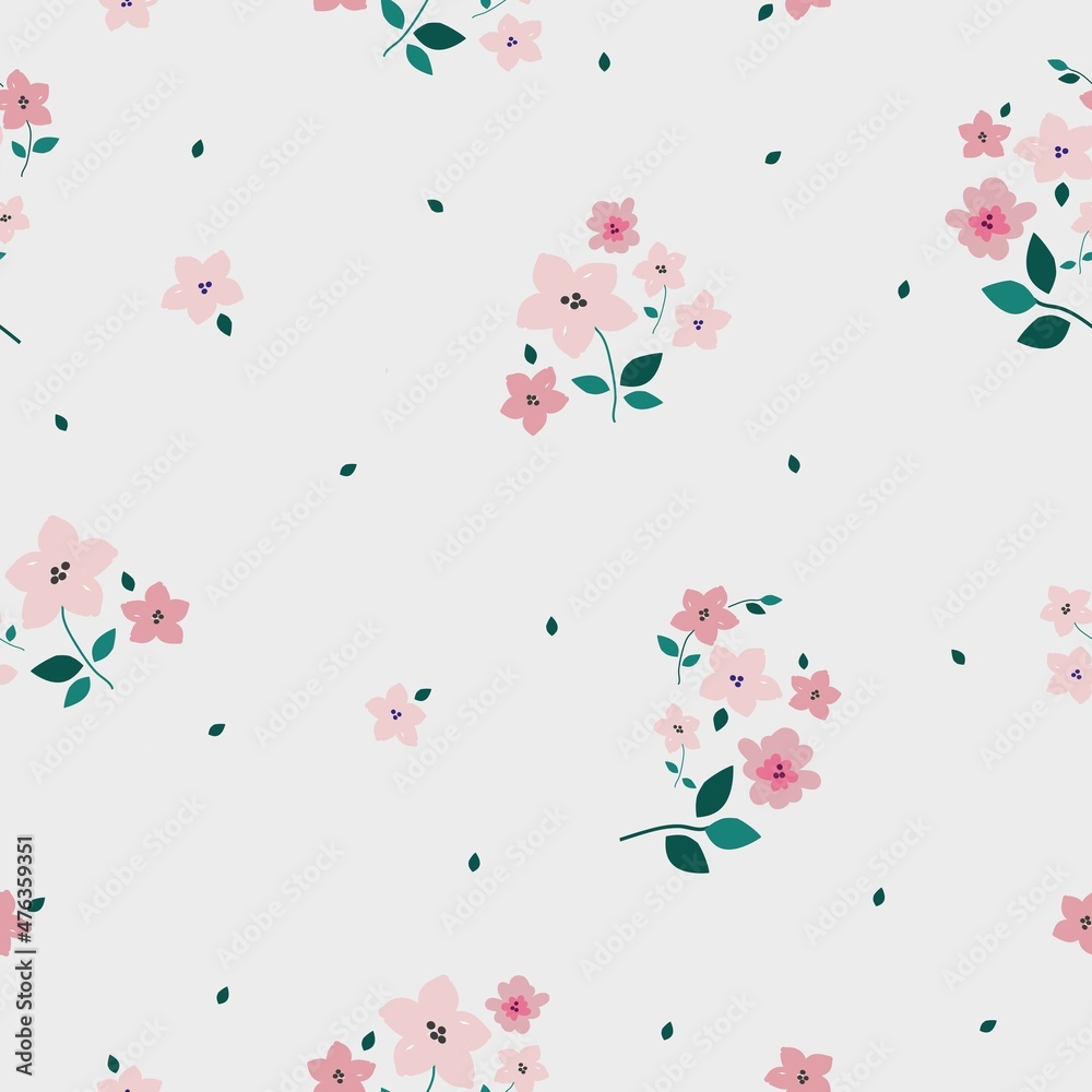 Vintage floral background. Seamless vector pattern for design and fashion prints. Elegant floral pattern with pink flowers and green leaves .on a white background.