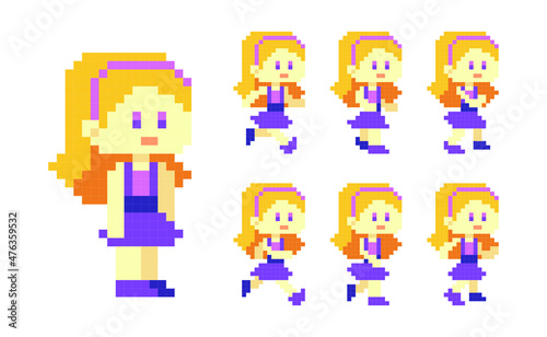 Pixel cute blonde girl character walk run animation illustration