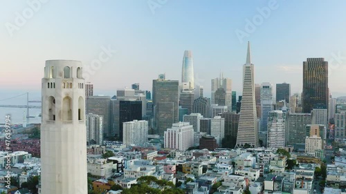 Aerial daytime video footage of San Francisco, California, USA, after sunset.