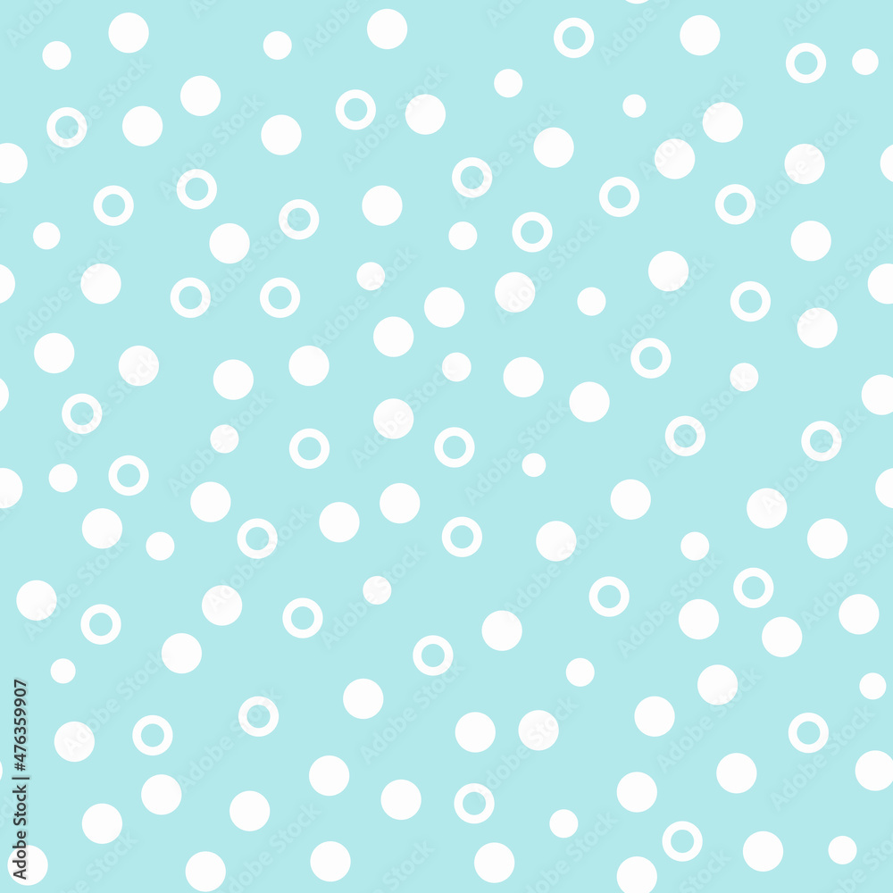 Seamless vector print with peas. Chaotic white circles on a blue background. Polka dot background. Template for packaging, notebooks, cards, wallpaper, textiles and other uses.