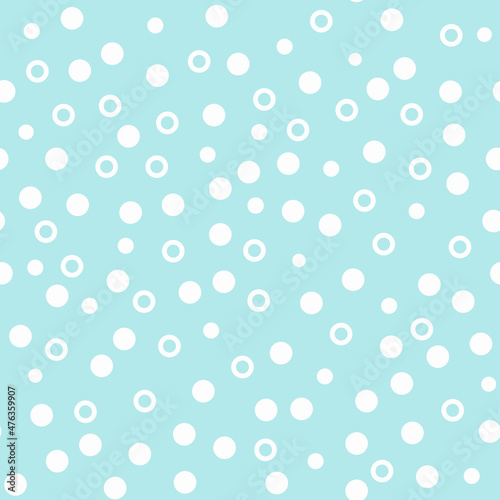 Seamless vector print with peas. Chaotic white circles on a blue background. Polka dot background. Template for packaging, notebooks, cards, wallpaper, textiles and other uses.