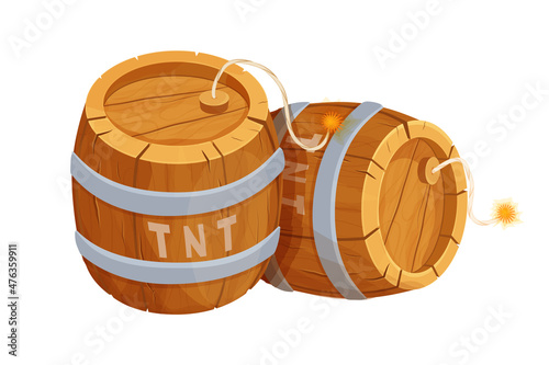 TNT wooden barrel with detonator in comic cartoon style isolated on white background. Explosive weapon, bomb. Ui game asset. 