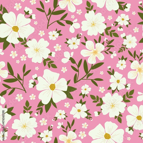 Wallpaper Mural Seamless vintage pattern. Beautiful white flowers and green leaves on a pink background. vector texture. trend print for textiles and wallpaper.
 Torontodigital.ca
