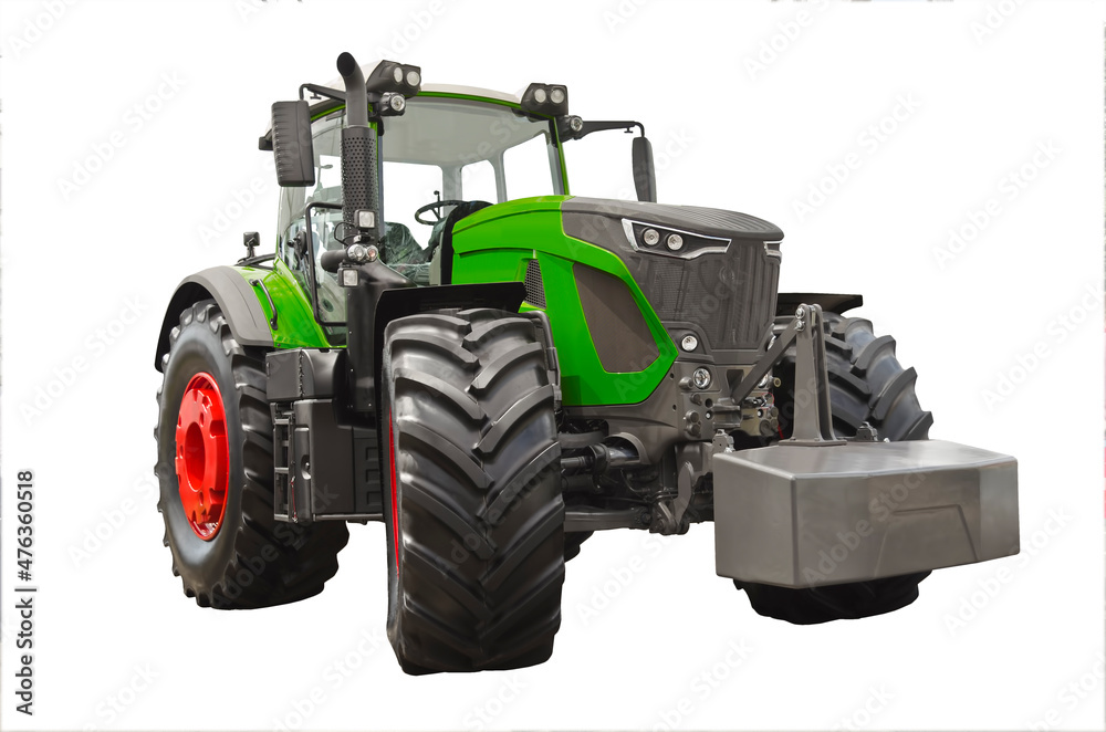 Modern green agricultural tractor, front view Modern green agricultural tractor, front view