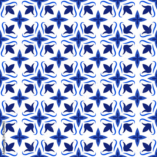 Azulejos portuguese traditional ornamental tile, blue and white seamless pattern