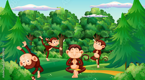 Forest scene with funny monkeys cartoon