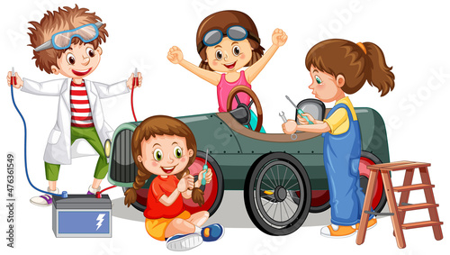 Children repairing a car together