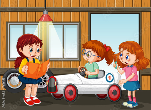 Garage scene with children fixing a car together