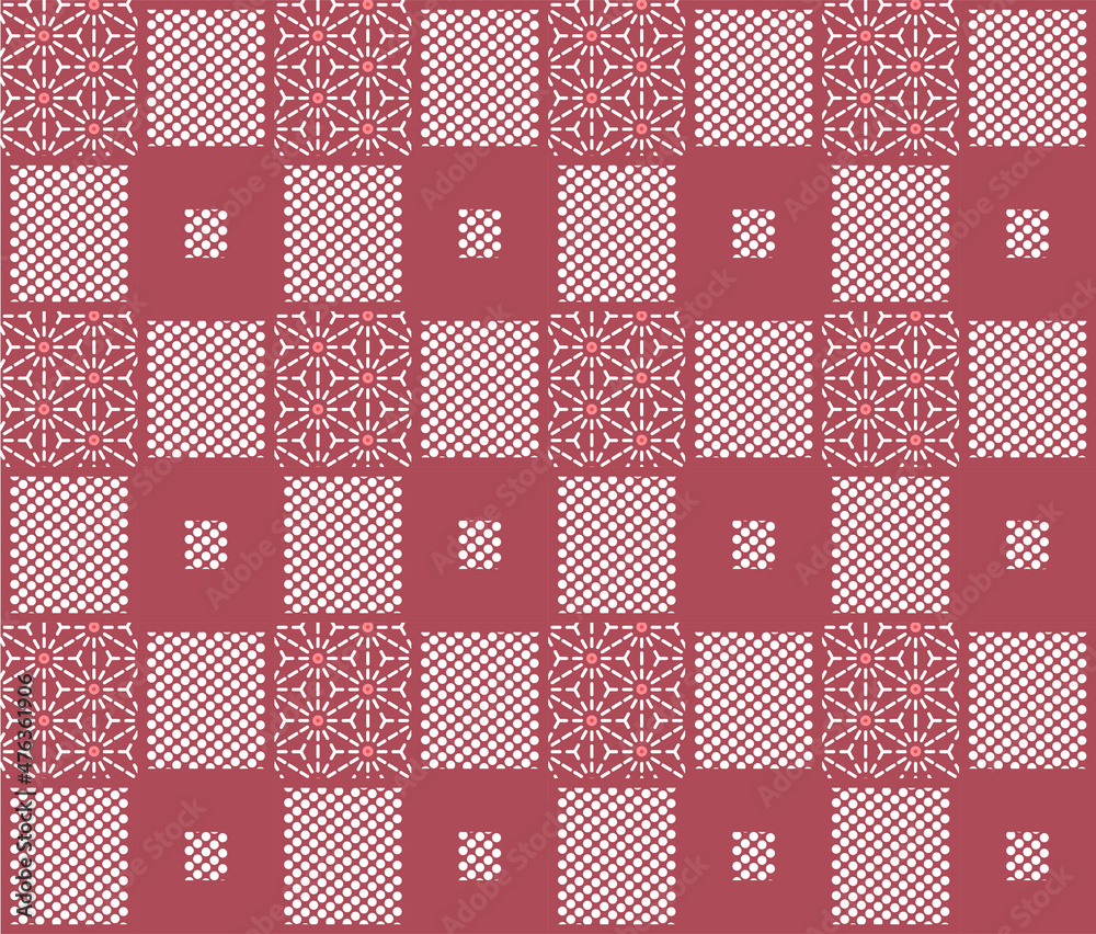 Japanese Hexagon Star Dot Checkered  Vector Seamless Pattern
