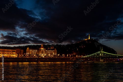 BME building CH, Liberty Statue and Széchenyi Chain Bridge in Budapest, Hungary photo