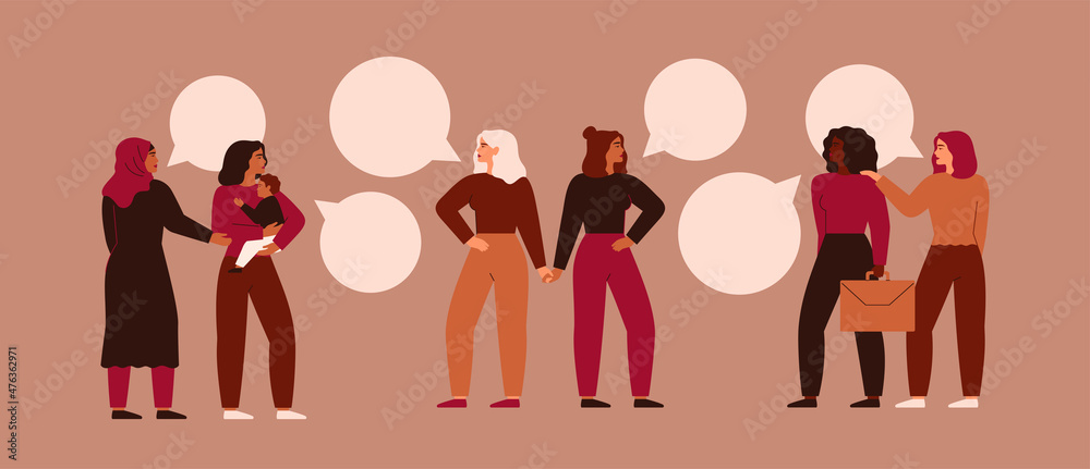 Fototapeta premium Women have come together to express their views or for voting. Girls from different cultures and activities are talking about something. Cooperation and partnership concept. Vector illustration