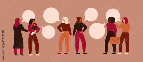 Women have come together to express their views or for voting.  Girls from different cultures and activities are talking about something. Cooperation and partnership concept. Vector illustration