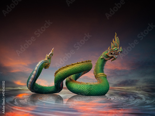 the king of nagas with dramatic sky at twilight ,thai dargon