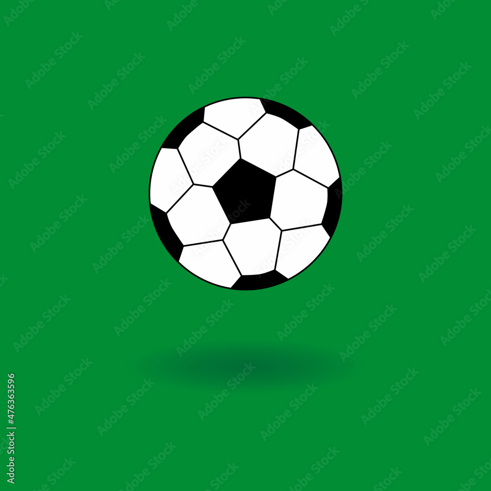 Soccer ball. Ball symbol. Sports sign, emblem isolated on green background with shadow, flat style. Eps10. Vector