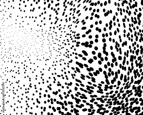 The halftone texture is chaotic monochrome. Abstract black and white waves background of dots. Backdrop for the design of websites, business cards, posters