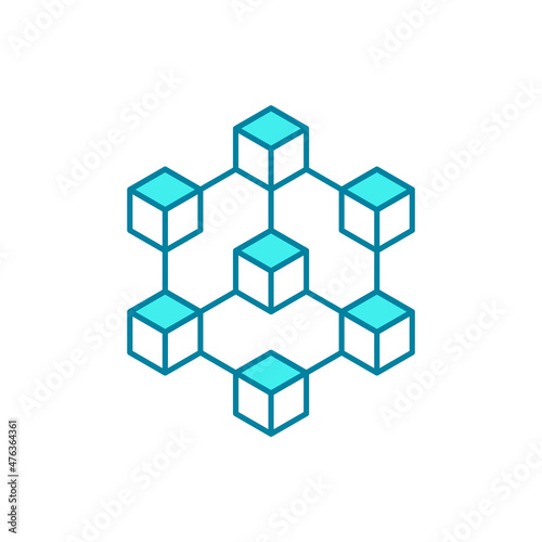 Blue blockchain line icon. Modern block chain technology. Cryptocurrency business data symbol. Connected 3D cubes model. Isometric abstract geometric blocks network. Vector illustration, flat, clip ar