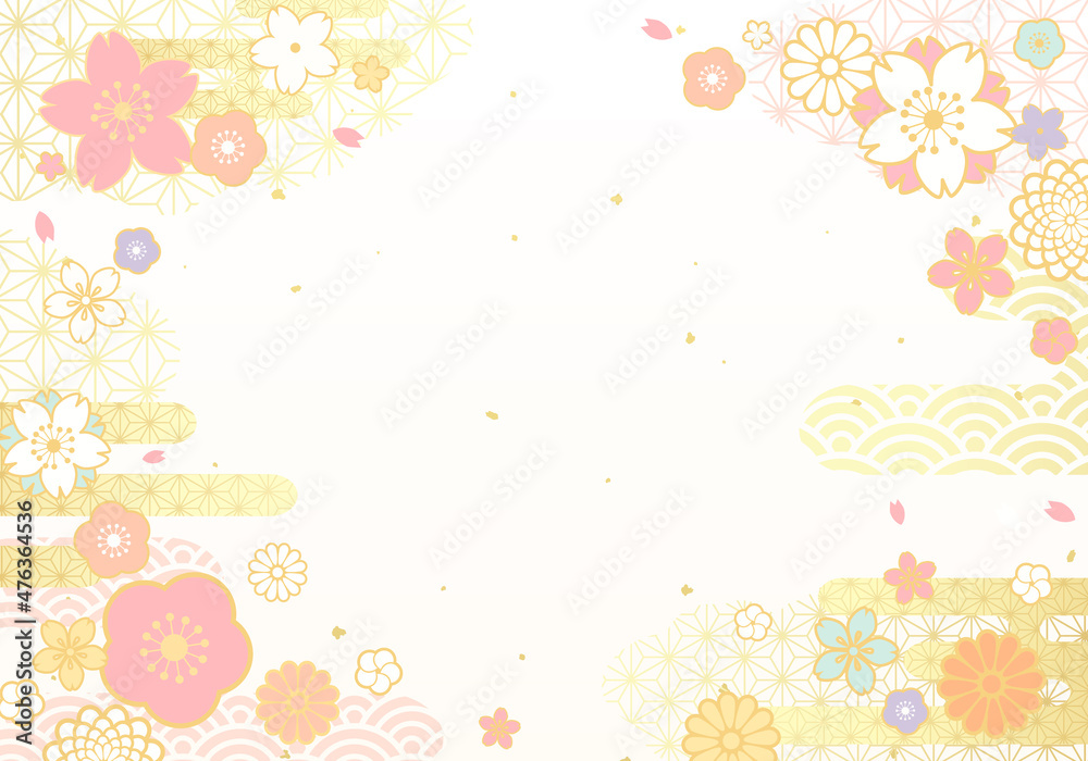 和柄の雲と花の和風なベクターイラスト背景 パステル ひなまつり 桜 Stock Vector Adobe Stock