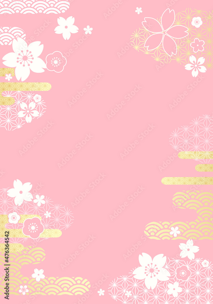 和柄の雲と花の和風なベクターイラスト背景(パステル,ひなまつり,桜)