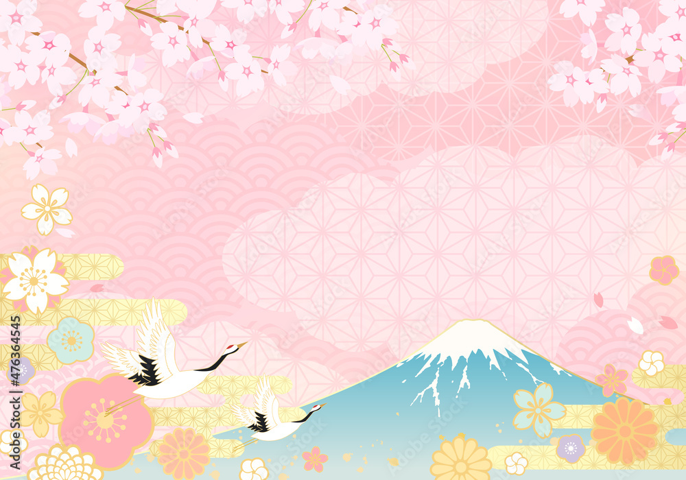 富士山と鶴と桜の和風なベクターイラスト背景(パステル,ひなまつり,桜,正月,年賀状)