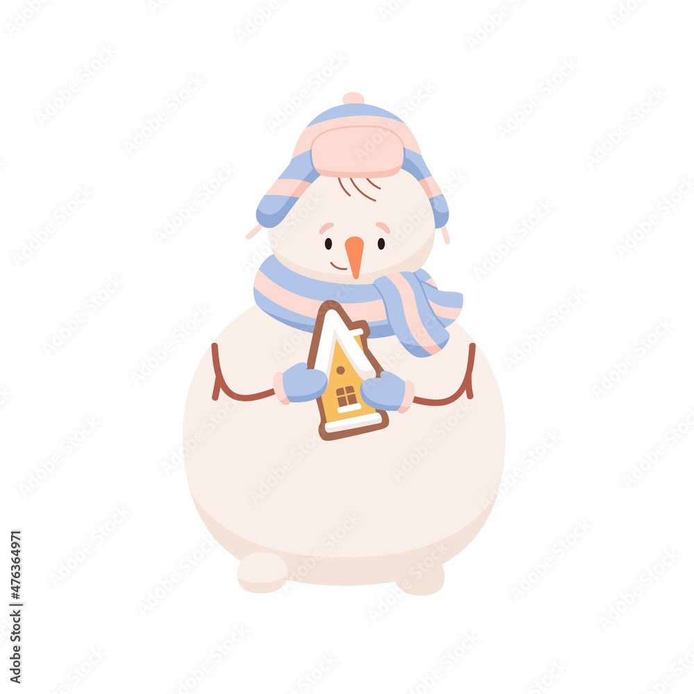 Cute snowman with gingerbread in hands. Happy snow man holding Christmas sweets. Winter holiday character and Xmas ginger cookie for New Year. Flat vector illustration isolated on white background Cute snowman with gingerbread in hands. Happy snow man holding Christmas sweets. Winter holiday character and Xmas ginger cookie for New Year. Flat vector illustration isolated on white background
