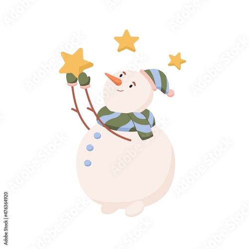 Cute snowman with stars in hands, making wish for Christmas holidays. Happy winter snow man in warm cap and scarf. Snowy fairytale character. Flat vector illustration isolated on white background