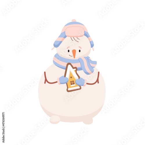 Cute snowman with gingerbread in hands. Happy snow man holding Christmas swee...