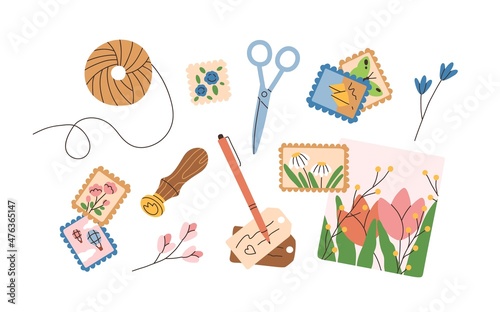 Seal, postal stamps, postcard, flower, postmarks, twine spool for postcrossing and DIY mail decor. Post cards, craft labels and tags composition. Flat vector illustration isolated on white background