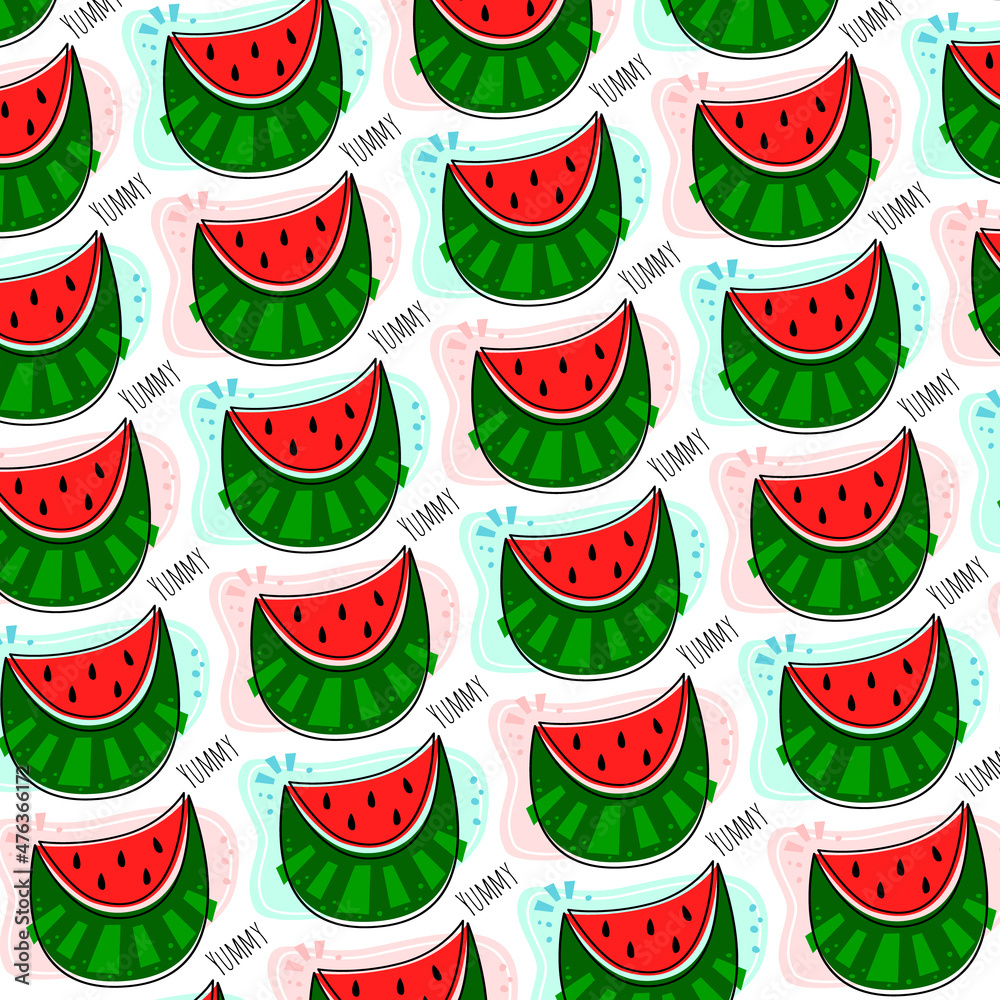 Watermelon. Vector pattern with the image of a stylized watermelon and multi-colored spots on a white background. Flat design.