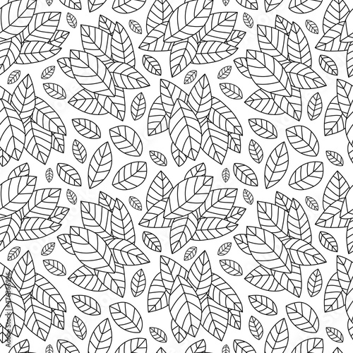 Hand drawn seamless pattern with leaves ornament, black and white organic texture. © ausra
