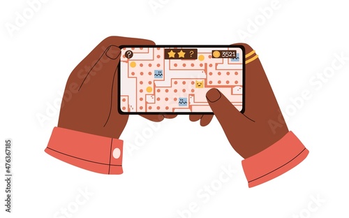 Hands holding mobile phone, playing game. Gamer touching smartphone screen with maze app. Black person entertain with online funs in cellphone. Flat vector illustration isolated on white background