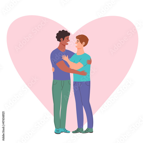 Happy gay men couple is hugging on the background of heart. LGBT family, romantic boyfriends, Valentine's Day concept.