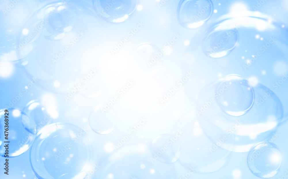 Beautiful Transparent  Shiny Blue Soap Bubbles Background. Celebration, White Bokeh Bubbles Backdrop. Christmas Wallpaper. White Copy Space.