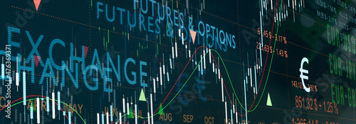 Stock exchange for futures and options. Trading screen with moving averge lines  information  quotes and index chart. The word Futures and options and the Euro symbol are displayed. 3D illustration