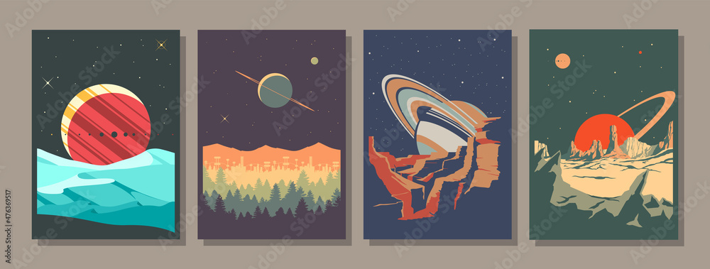 See Universe! Retro Style Space Posters, Extraterrestrial Landscapes, Alien Planets and Stars, Mountains, Sands, Rocks and Forests